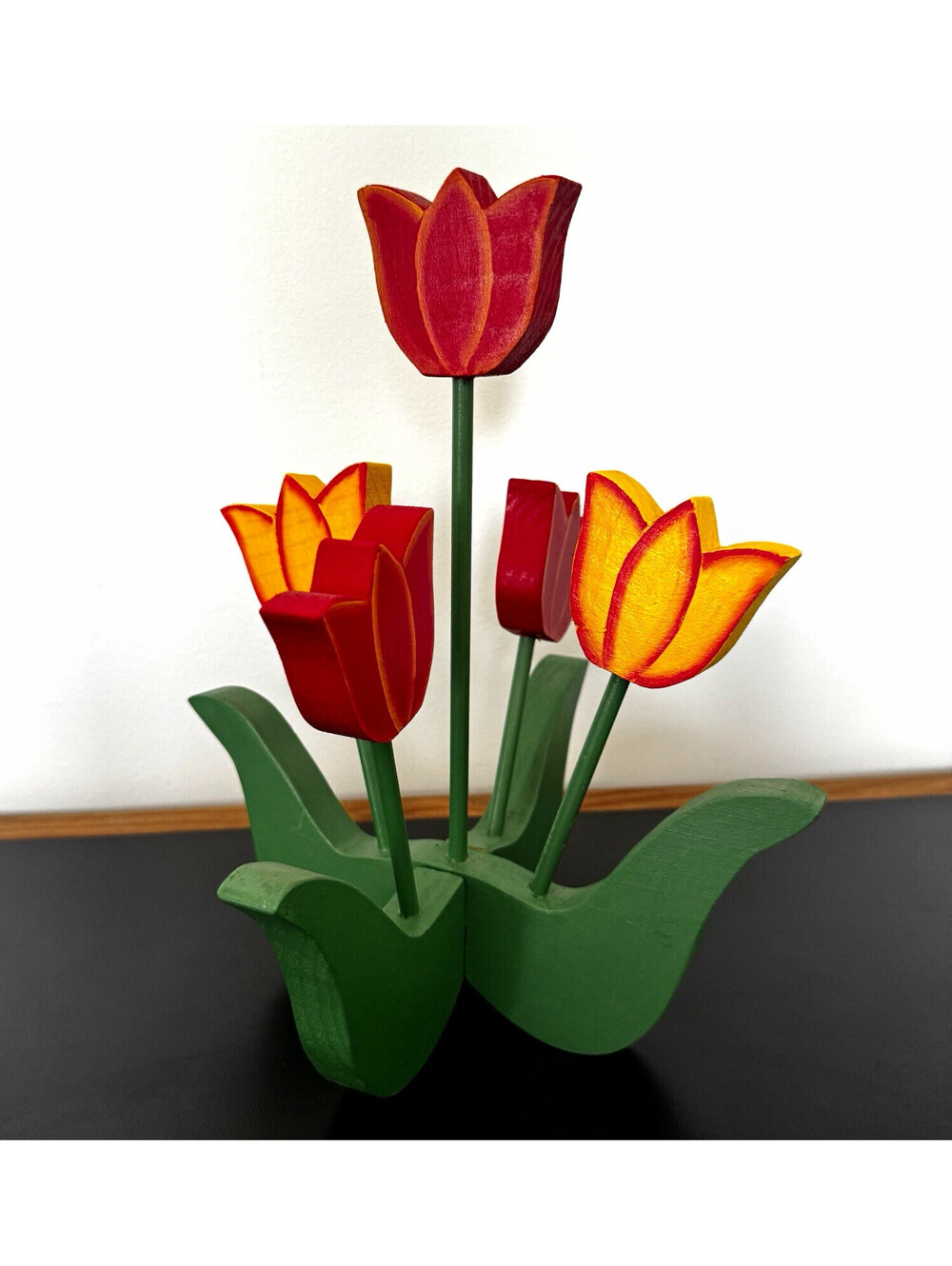 Wood Artificial Tulip Centerpiece Table Decor 11 in Red Yellow Green Cottagecore